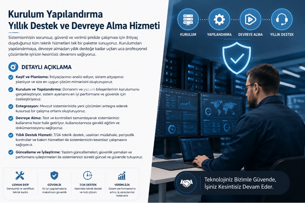Kurulum, Yapılandırma, Yıllık Destek ve Devreye Alma Hizmeti fiyat ve stok bilgisi Kurulum, Yapılandırma, Yıllık Destek ve Devreye Alma Hizmeti urun fotografi